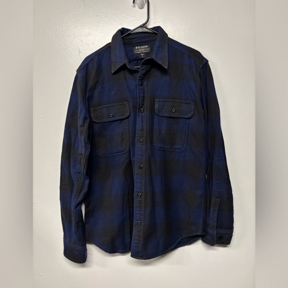 Filson Blue Black Plaid 100% Cotton Flannel Button Down Shirt Size Medium